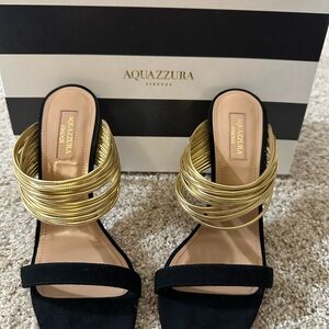 Aquazzura Black Suede Heeled Slides with Gold Coil Straps